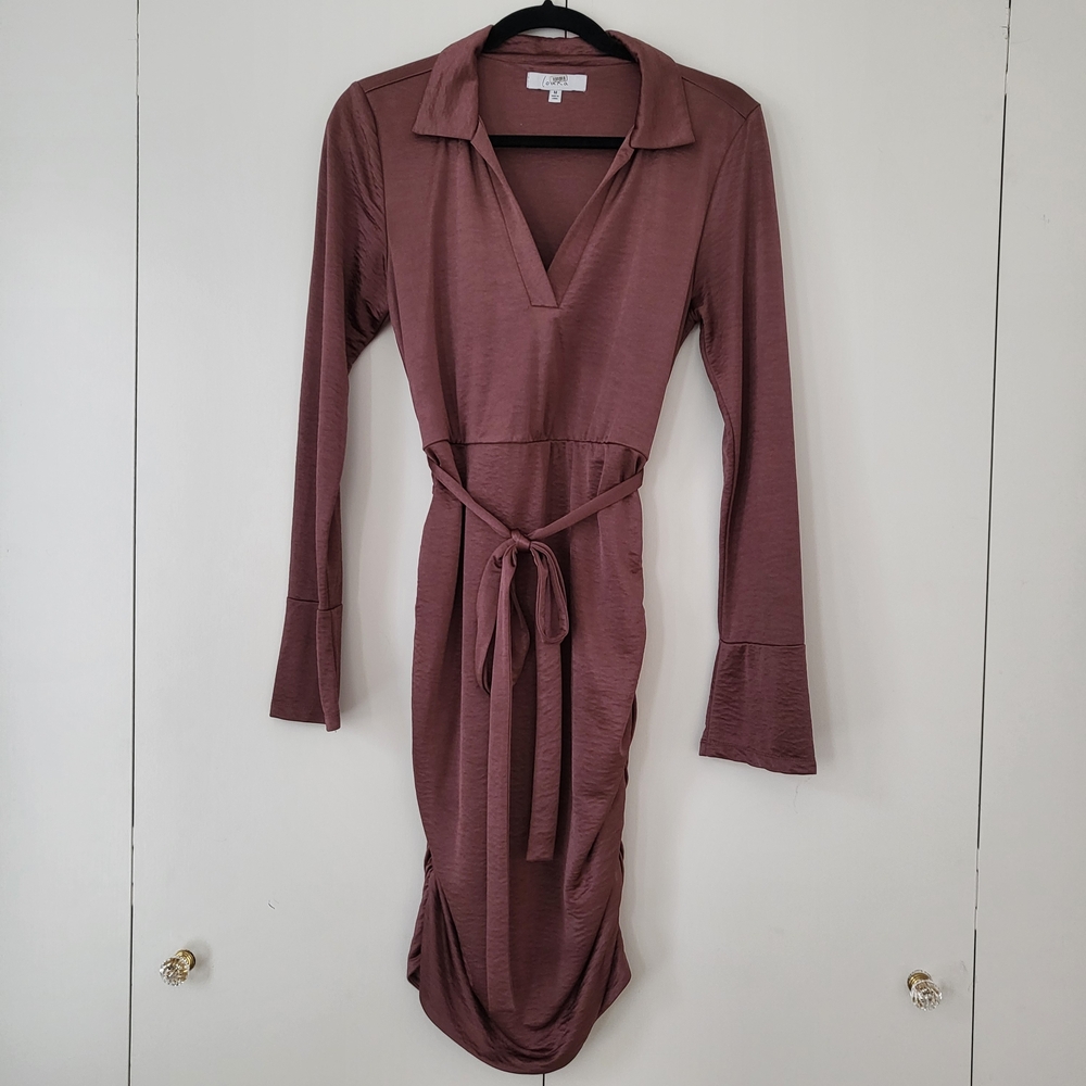 Louna Brown Jersey Tie Dress Shimmer Ruched Size M